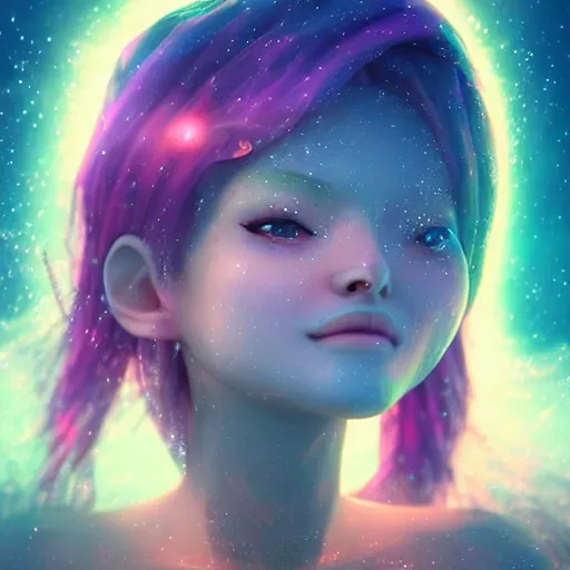 Prompt: magical fairy floating in space, epic cartoon portrait made out of rain, beautiful face, stunning concept art, highly detailed, galaxy background, rendered in octane, unreal engine, trending on artstation, realistic