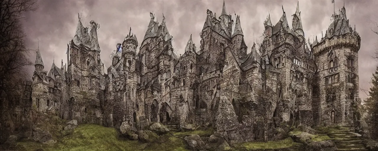 Image similar to hyperrealistic phto of the unseelie court gothic castle