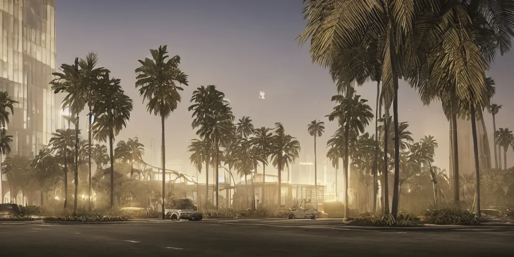 Prompt: a large building surrounded by palm trees at night, Los Angeles, behance, modernism, playstation 5 screenshot, concept art, vray