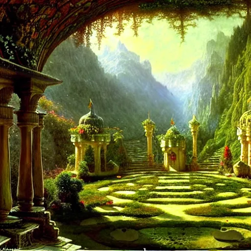 Prompt: a beautiful and highly detailed matte painting of an dwarf garden palace in a breath taking forest in a deep valley in the beautiful mountains of avalon, intricate details, epic scale, insanely complex, 8 k, sharp focus, hyperrealism, very realistic, by caspar friedrich, albert bierstadt, james gurney, brian froud,