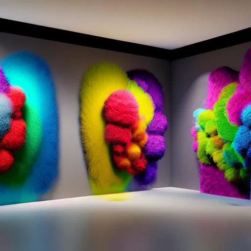 Image similar to : colorful abstract fuzzy sculpture art on the wall in modern architecture studio high luxury, cinematic lighting, hyper - realistic, detailed, render by c 4 d octane, unreal engine, 8 k 3 d render