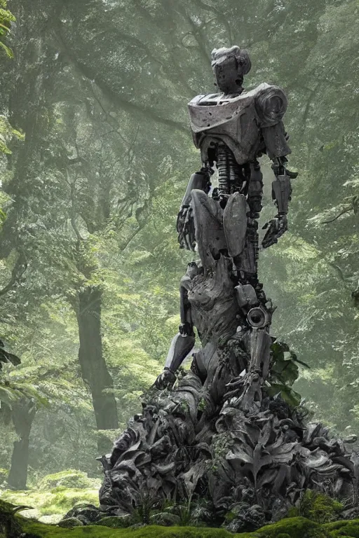 Image similar to A large robot statue made of stone covered in foliage in the middle of a forest by Greg Rutkowski, Sung Choi, Mitchell Mohrhauser, Maciej Kuciara, Johnson Ting, Maxim Verehin, Peter Konig, final fantasy , 8k photorealistic, cinematic lighting, HD, high details, atmospheric,