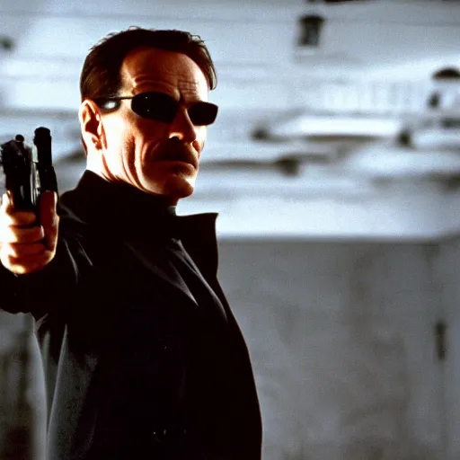 Prompt: film still of Bryan Cranston as Neo in The Matrix (1999)