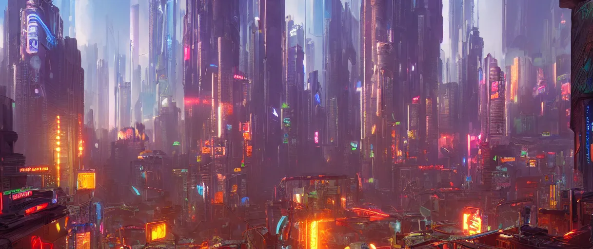 Prompt: cyberpunk city controled by robots, highly detailed oil painting, unreal 5 render, rhads, Bruce Pennington, tim hildebrandt, digital art, octane render, beautiful composition, trending on artstation, award-winning photograph, masterpiece