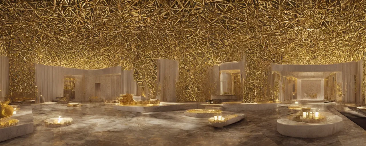 Image similar to interior of a 2 double height luxury spa with everything made of gold, candles, wellness pool, intricate detailed roof, contemporary design, sacred geometry, 8 k, hyperrealistic, photorealism,