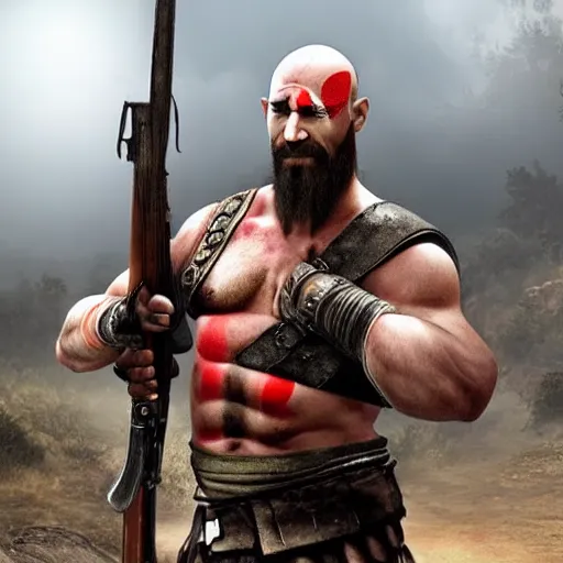 Prompt: kratos with army helmet and holding a rifle