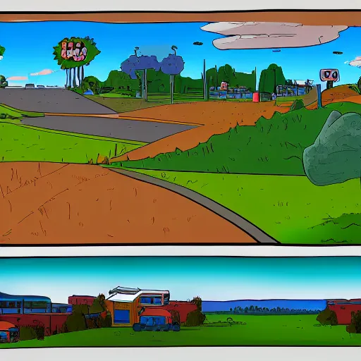 Prompt: cartoon 8 k landscape landscape panoramic, beavis and butt - head by mike judge + blue paper with black line work, mtv animation, trending on artstation + ethereal school bus in a suburban neighborhood + fantastic cell shade engine light detail