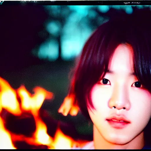 Prompt: photo of bts jimin, facing the camera, kodak ektachrome, portrait, close up, kodak gold 2 0 0, 5 0 mm, fuji 8 0 0, polaroid, night time, bonfire, low light