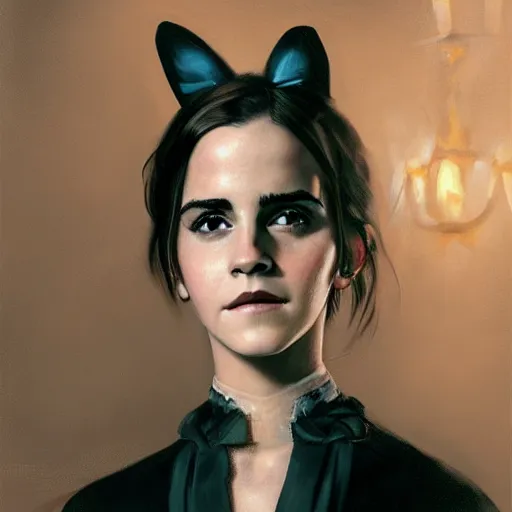 Image similar to detailed painting of emma watson wearing a cat maid outfit, 8 k, by greg rutkowski, artgerm, global illumination