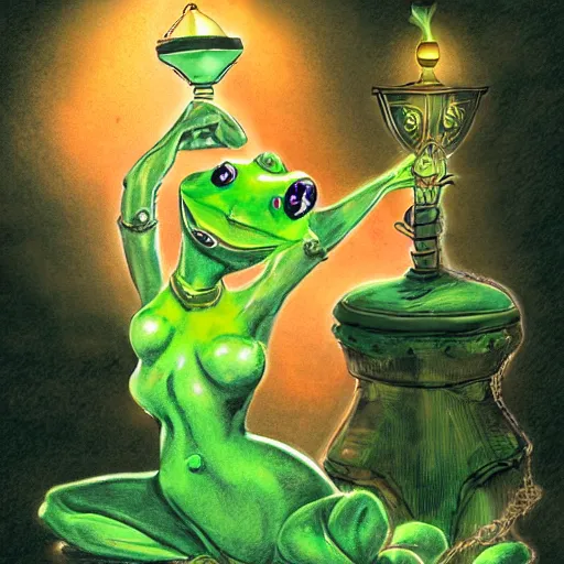 Image similar to a green frog-like genie woman rising out of a lamp, fantasy illustration