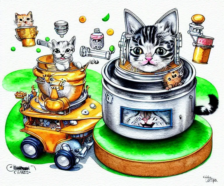 Image similar to cute and funny, kitten wearing a cookpot helmet driving a catnip truck like they stole it, ratfink style by ed roth, centered award winning watercolor pen illustration, isometric illustration by chihiro iwasaki, edited by craola, tiny details by artgerm and watercolor girl, symmetrically isometrically centered