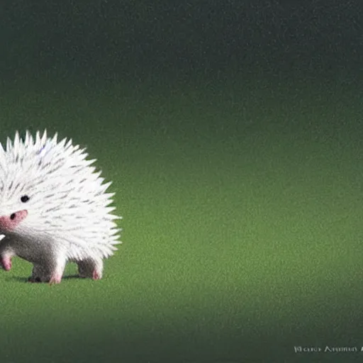 Image similar to A cute mini white hedgehog walking calmly through the field, ilustration art by Goro Fujita