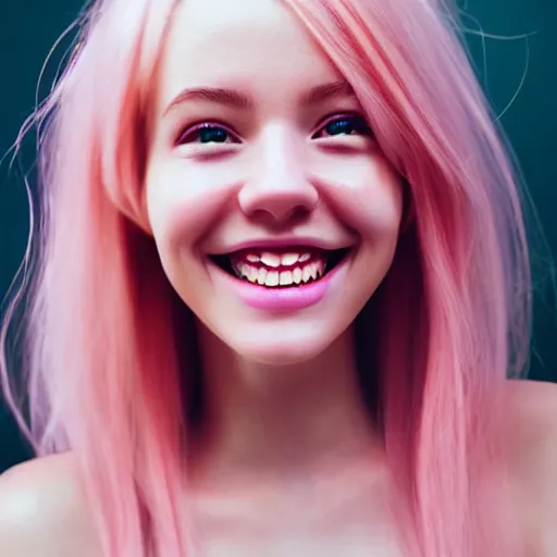 Prompt: beautiful hyperrealism selfie of a cute 3 d young woman smiling smugly, long light pink hair, flushed face, small heart - shaped face, amber eyes, golden hour, 8 k, instagram