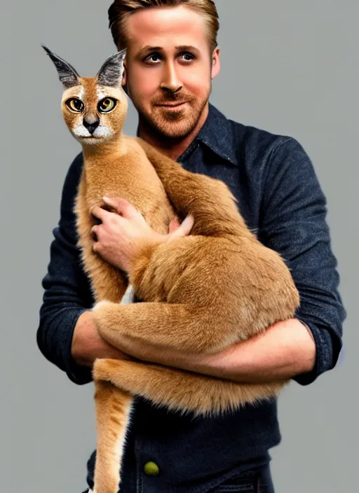 Image similar to Ryan Gosling holds a caracal cat in his hands, ultra highly detailed, smooth, sharp focus, elegant, artstation