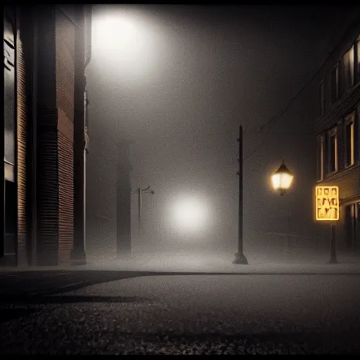 Image similar to A stunningly beautiful award-winning 8K high angle from 2nd floor cinematic movie photograph looking down diagonally across a spooky dark very foggy empty lightless moonlit main street intersection in an abandoned 1950s small town at night. perfect composition, moody low key backlit. Color palette from Seven, greens yellows and reds. 2 point perspective. Octane render