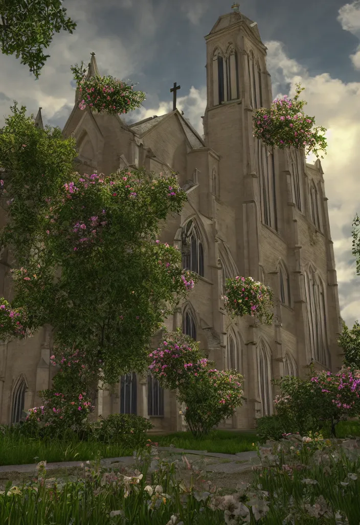 Image similar to a church filled with lots of plants and flowers, a flemish baroque by thomas cole, unsplash, baroque, sanctuary, rendered in unreal engine, unreal engine