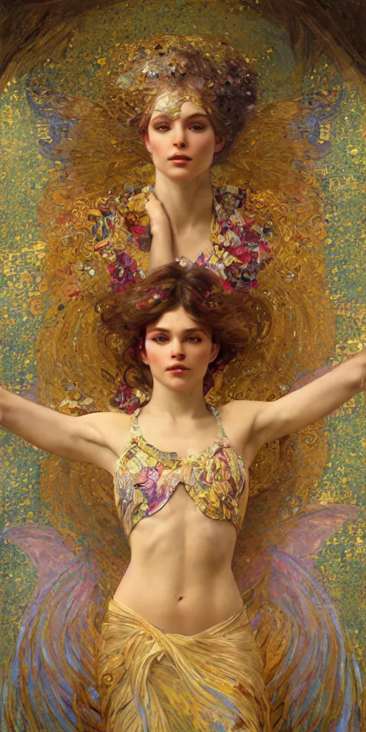 Image similar to an intricate painting of an artistic pose beautiful angel with an artistic pose, hyper - detailed, covered in fancy silk cloth with klimt motives, octane render, vivid colors, artstation, by jeremy mann, by alphonse mucha, by boris vallejo, by gustav klimt