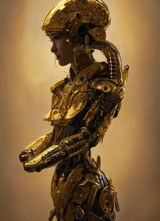 Prompt: portrait of a futuristic geisha cyborg with golden body armor, modern fine art, fractal, intricate, elegant, highly detailed, digital photography, subsurface scattering, by jheronimus bosch and greg rutkowski,