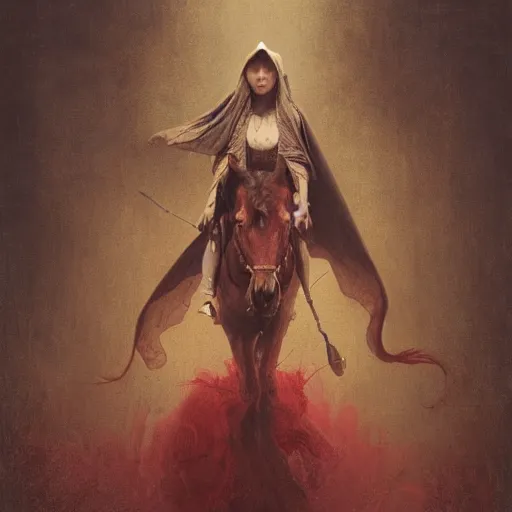 Image similar to a masterpiece! photographic portrait of a a cloaked woman riding the back of a scarlet - colored beast with seven ( 7 ) heads and ten ( 1 0 ) horns by gustave dore and sam spratt and allen williams, trending on artstation, cgsociety, 8 k hd, earthtone colors,