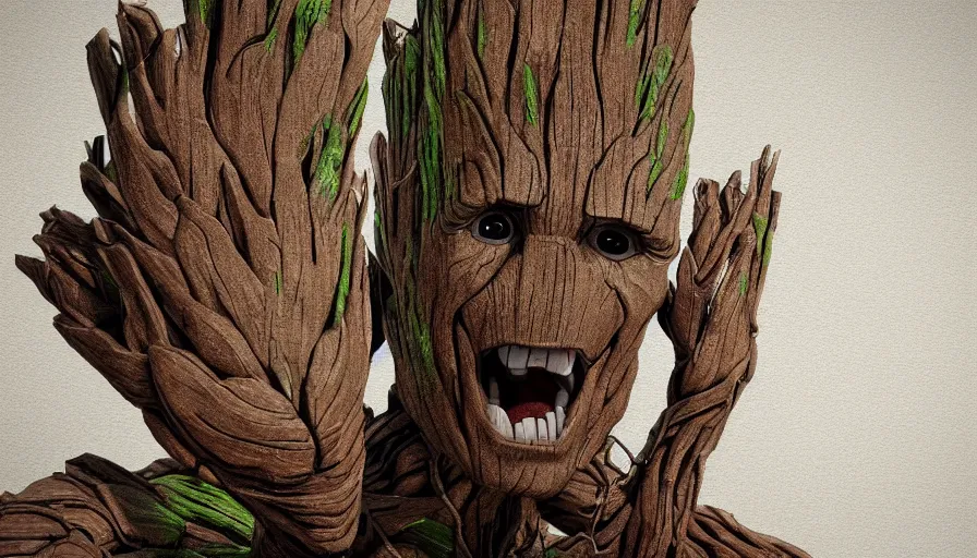 Image similar to realistic groot made of cardboard!! Cinematic, 8k, render, film still