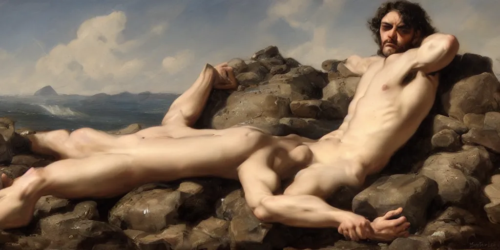 Image similar to highly detailed painting of a men laying on rocks, big rocks, sharp focus, dramatic scene, aesthetic, dynamic lighting, elegant, harmony, masterpiece, by roberto ferri, high quality