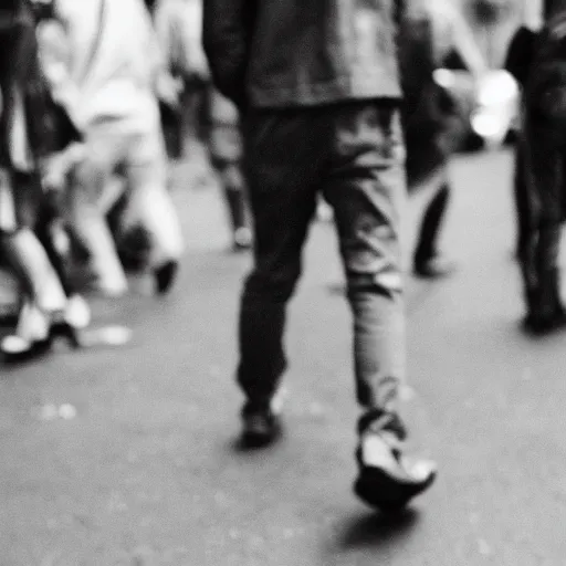 Prompt: film still, man walking in crowded street, realistic, black and white, detailed, shot on camera