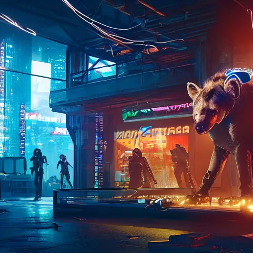 Image similar to cyborg hyena in cyberpunk 2 0 7 7, multiple wires and metal exposed, neon lights, volumetric lighting