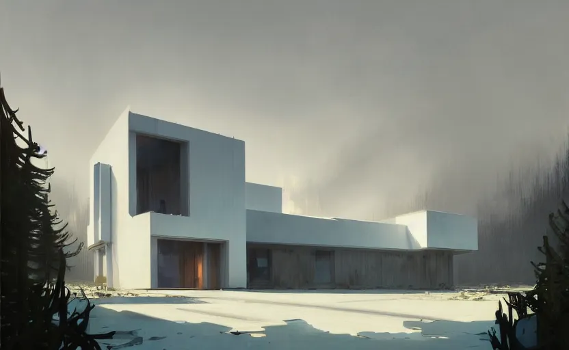 Prompt: painting of a wide angle exterior shot of a white modern architecture with cinematic lighting by peter zumthor and renzo piano, darek zabrocki and greg ruthkowski, alphonse mucha, simon stalenhag and cinematic and blue cold atmospheric, archillect concept art, artstation, trending on artstation
