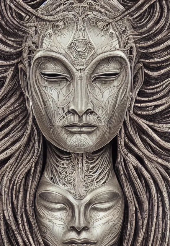 Prompt: perfectly centered portrait, front view of a beautiful biomechanical alien android robot buddha, female, flowing hair, intense stare, sarcastic smile, symmetrical, concept art, intricate detail, volumetric shadows and lighting, realistic oil painting by alex grey and gustave dore,