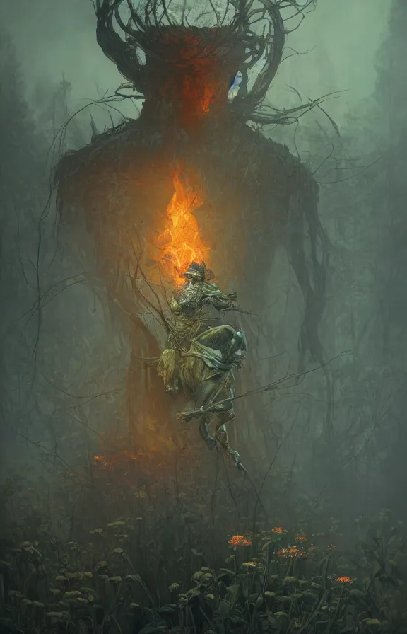 Image similar to a knight among flowers in dark forest surrounded by fire and smoke, moody, rim light, dynamic lighting, cinematic shot, gritty, ultra - detail, renderman, physically based render, jean delville, gustave dore and marco mazzoni