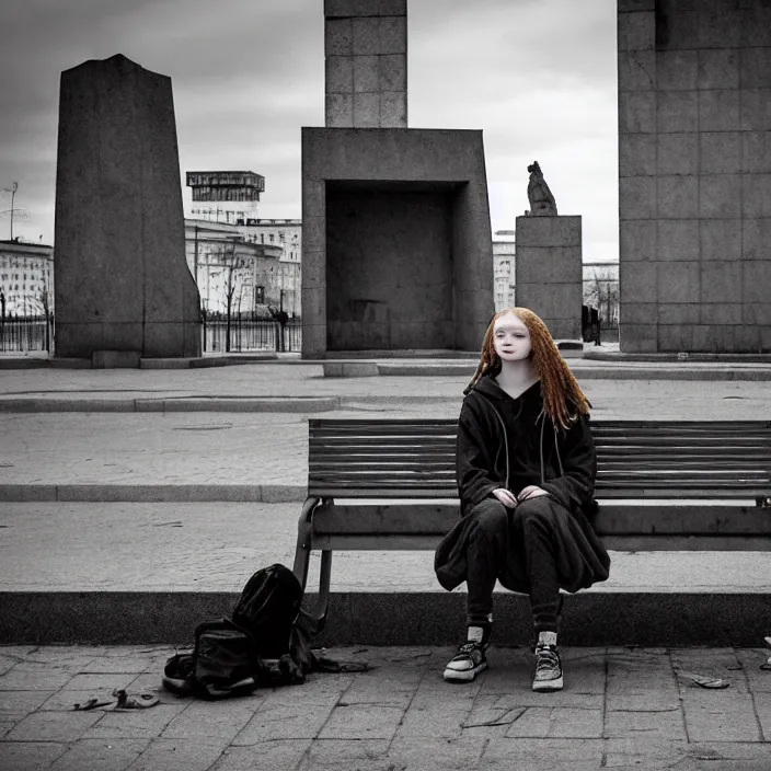 Image similar to storyboard : sadie sink in hoodie sat down on bench in ruined square, pedestrians walk by, old soviet monument nearby. scifi cyberpunk. by gabriel hardman. cinematic atmosphere, detailed and intricate, perfect anatomy