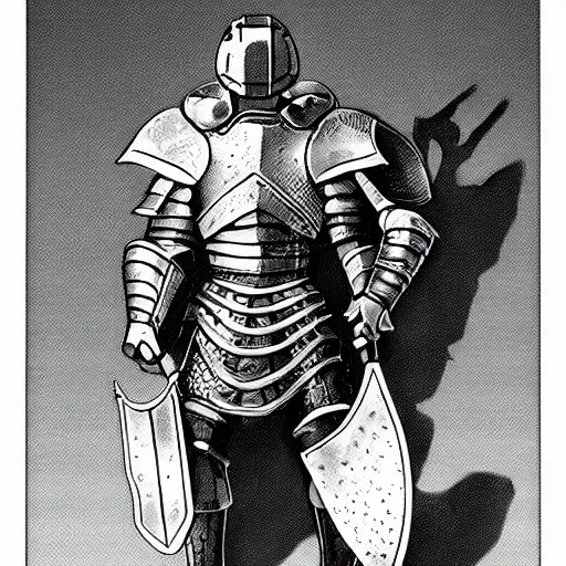 Prompt: armored knight wearing an elephant shaped helmet, dungeons and dragons manual illustration