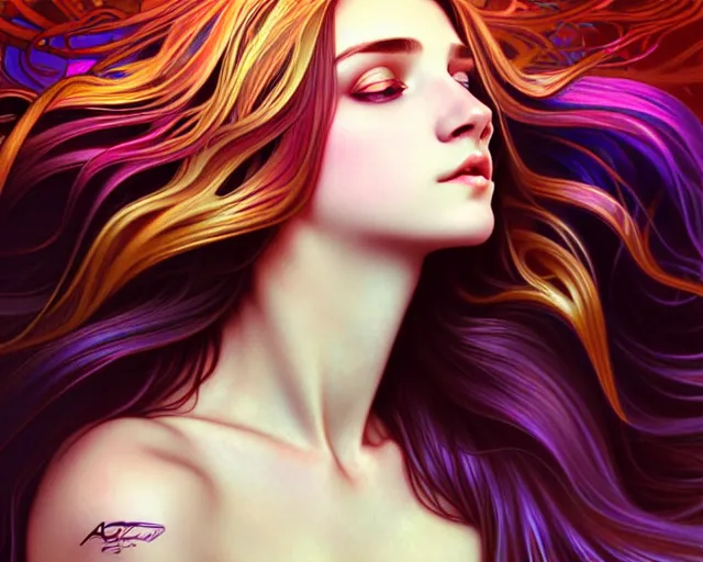 Prompt: overlord, psychedelic flowing hair, close eyes, portrait, highly detailed, deep focus, elegant, digital painting, smooth, sharp focus, illustration, ultra realistic, 8 k, art by artgerm and alphonse mucha