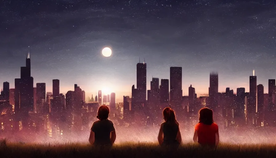 Image similar to people sitting on a hill watching chicago at night. the sky had stars and a full moon. hyperdetailed, artstation, cgsociety, 8 k