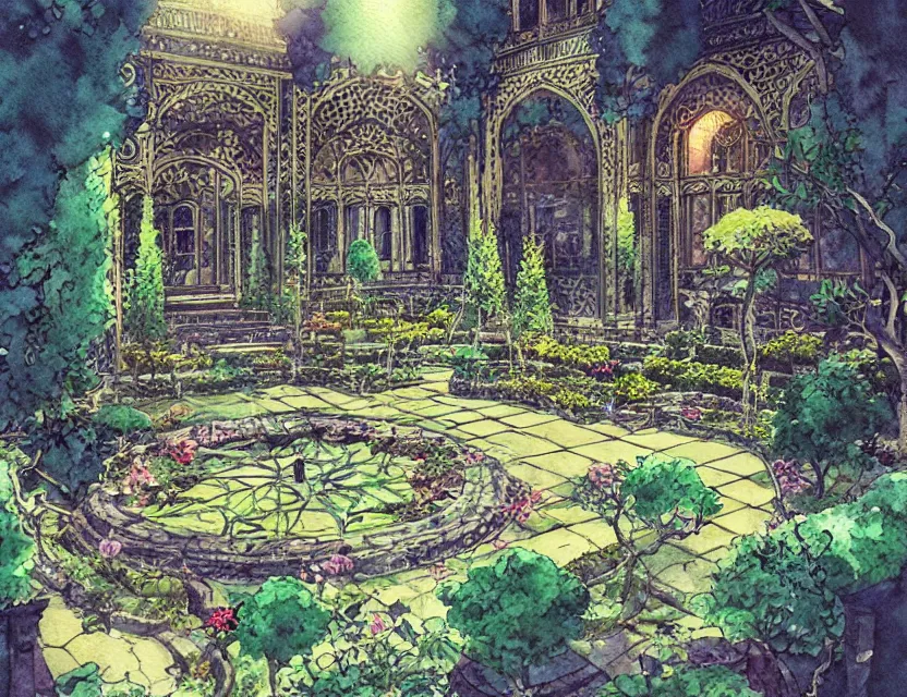 Prompt: lovecraftian persian palace garden. this watercolor painting by the award - winning mangaka has dramatic lighting, an interesting color scheme and great use of air perspective.