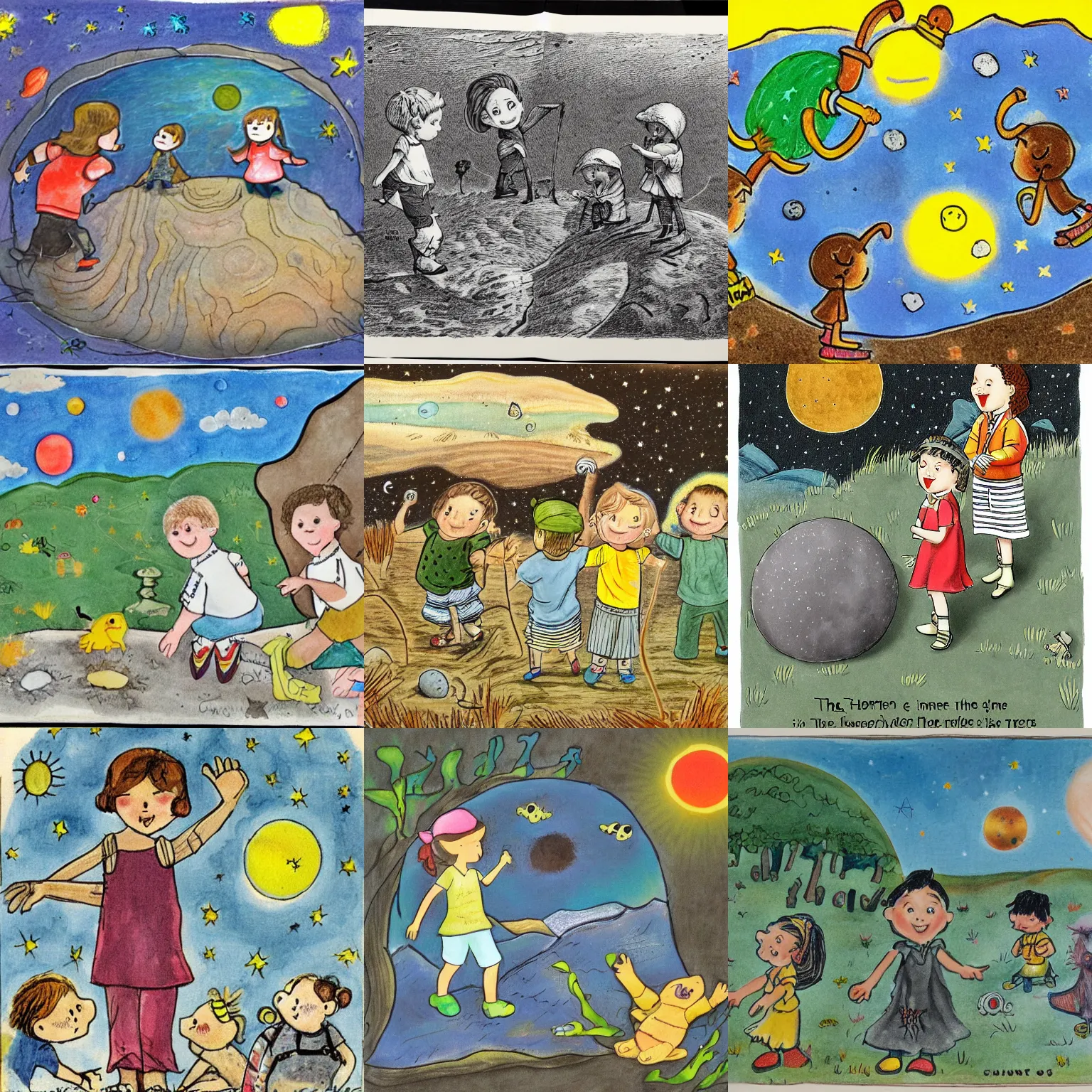 Prompt: the children explored the craters and looked at moons rocks and dust. , Childrens Illustration, in the style of Dorothy Brook