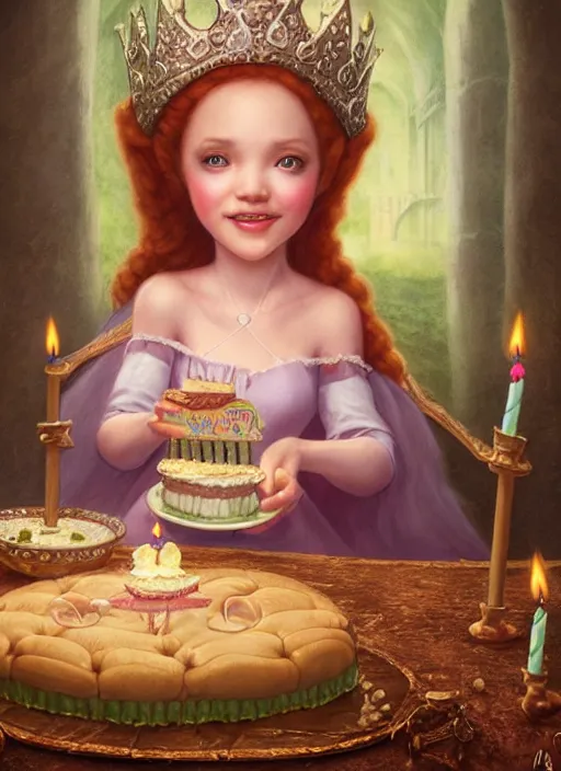 Image similar to highly detailed closeup portrait of a grinning irish fairytale medieval princess eating birthday cake, unreal engine, nicoletta ceccoli, mark ryden, lostfish, earl norem, global illumination, god rays, detailed and intricate environment