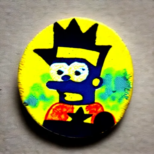 Prompt: painting on a badge!!!!, photo of a bart simpson, punks not dead!!!!, exploited!!, clash, junk yard, rats!!, god save the queen!!!, punk rock album cover art style, grunge, no future!!!!