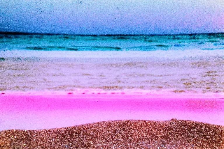 Image similar to a vintage family holiday photo fuji kodak of an empty beach shore with pastel pink iridescent!! sand and reflective metallic water and sunbathing equipment at dusk. refraction, volumetric, light haze.