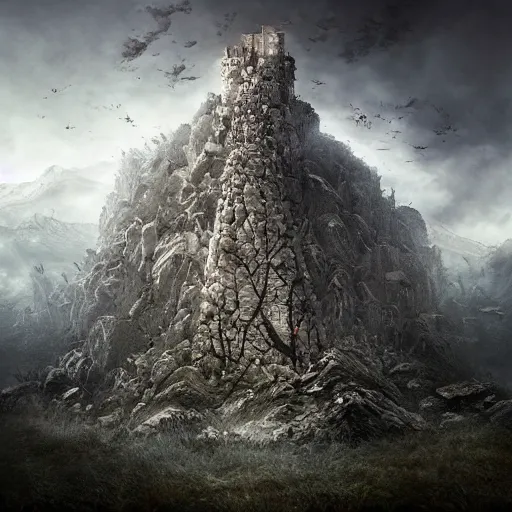 Prompt: ruined skyscraper on top of mountain, by Amandine Van Ray, cloudy, dreamy, fantasy