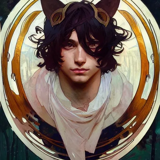 Image similar to Portrait of a pretty fantasy catboy with cat ears. Art by Greg Rutkowski and Alphonse Mucha