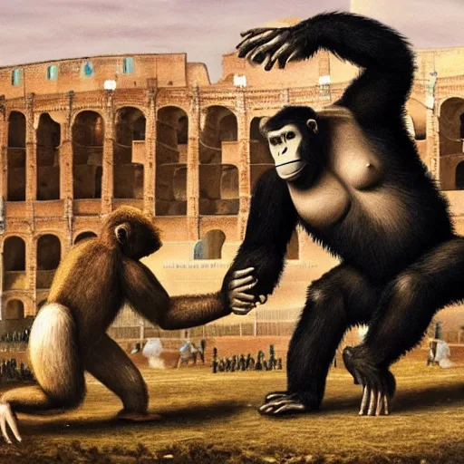 Prompt: hillary clinton fighting giant ape in roman colosseum