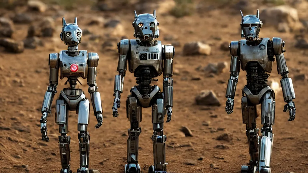 Image similar to film still from the movie chappie of the robot chappie shiny metal outdoor planet mars red rock scene bokeh depth of field several figures furry anthro anthropomorphic stylized cat ears head android service droid robot machine fursona