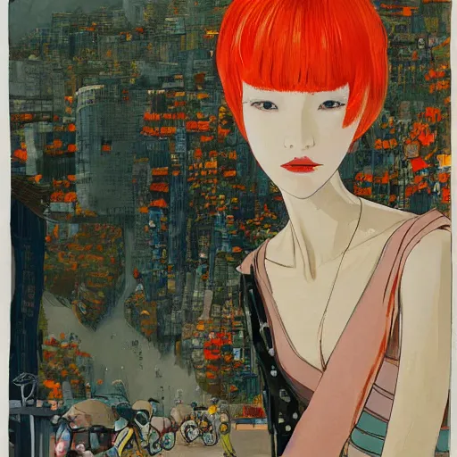 Image similar to the orange - haired vespa queen in hong kong, by amiet kuno