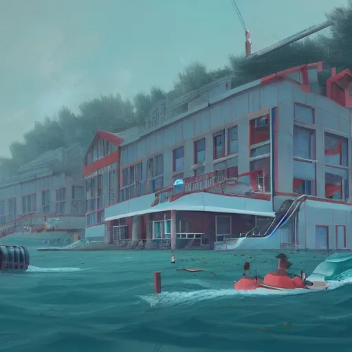 Image similar to yachting club by simon stalenhag