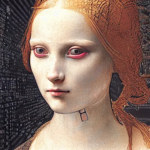 Prompt: a close - up portrait of a cyberpunk cyborg girl, by leonardo davinci