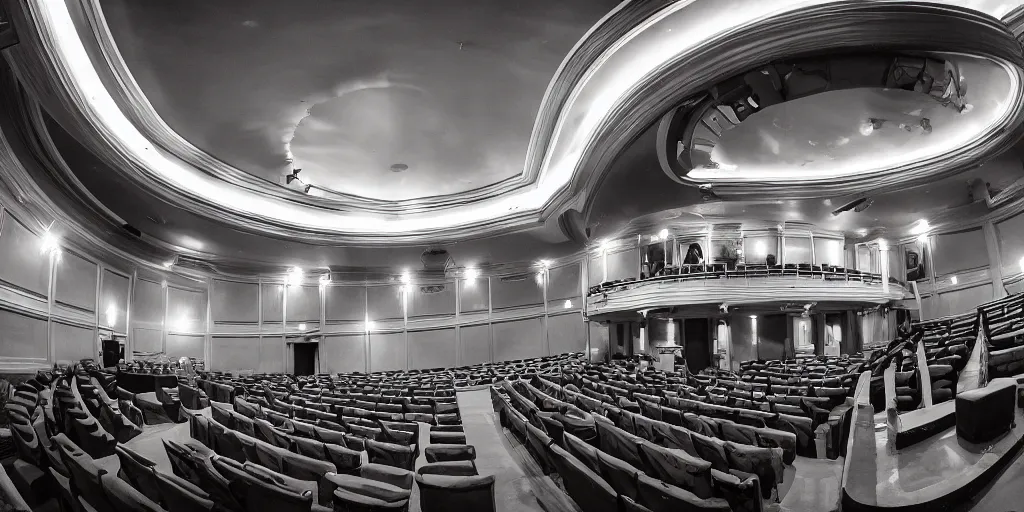 Image similar to a dimly lit, theater hall, 3 doors, 1 staircase, day of the tentacle style, fish eye