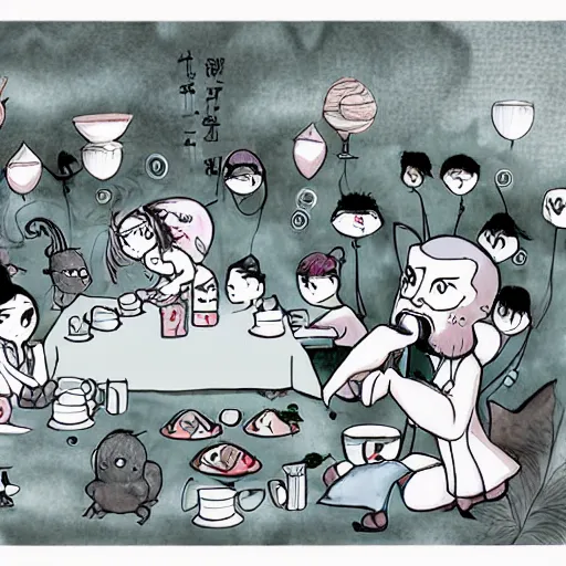 Prompt: tiny imaginary creatures having tea party inside a humans beard. anime. in a style of hayao miyazaki.