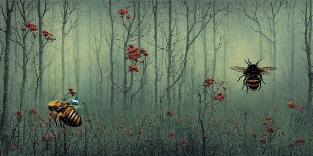 Prompt: painting in style of beksinski featuring a honey bee lost in the forest