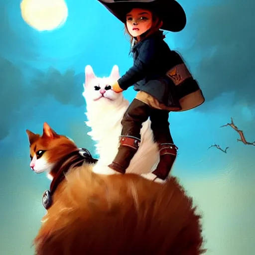 Prompt: fluffy cat in cowboy hat like a tiny girl riding on the back of a giant corgi by greg rutkowski